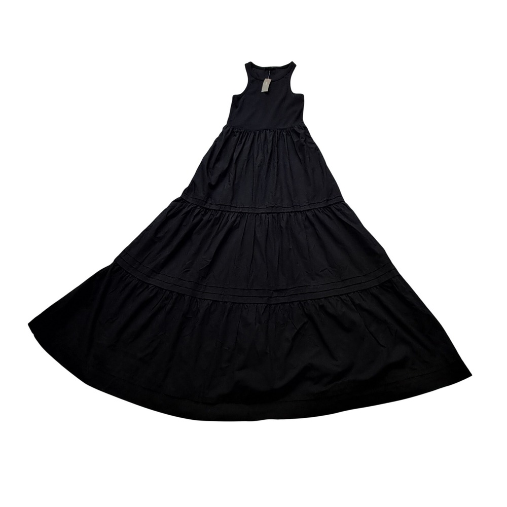 NWT J. Crew Vintage Rib High Neck Tank Maxi Dress Women XS Black Tiered Poplin